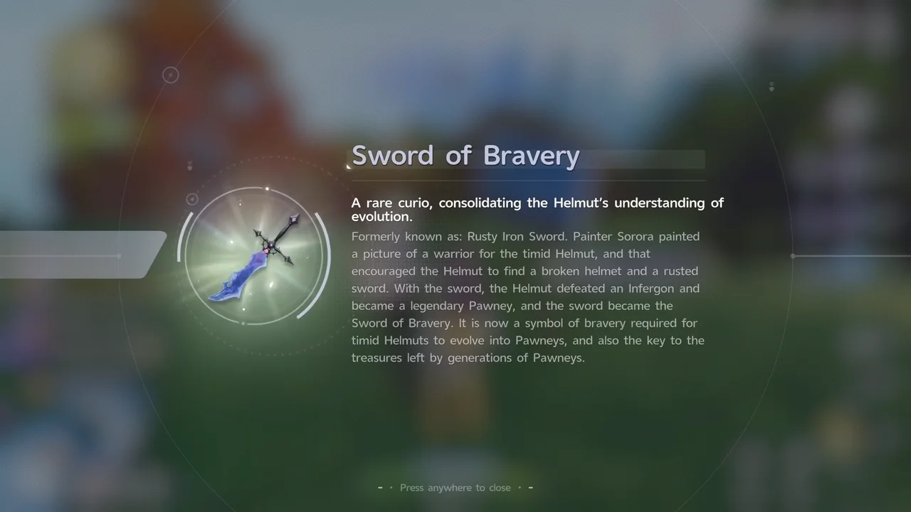 The item details for the Sword of Bravery curio