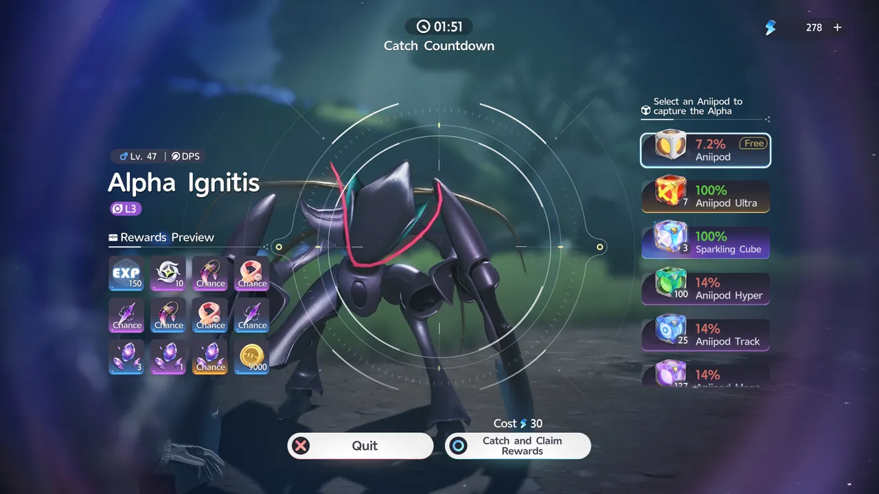 The catch screen for Alpha Ignitis, with the catch rate of each Aniipod