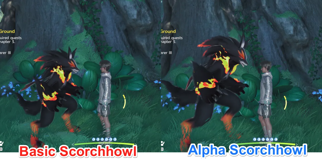 A regular Scorchhowl and an Alpha Scorchhowl side by side