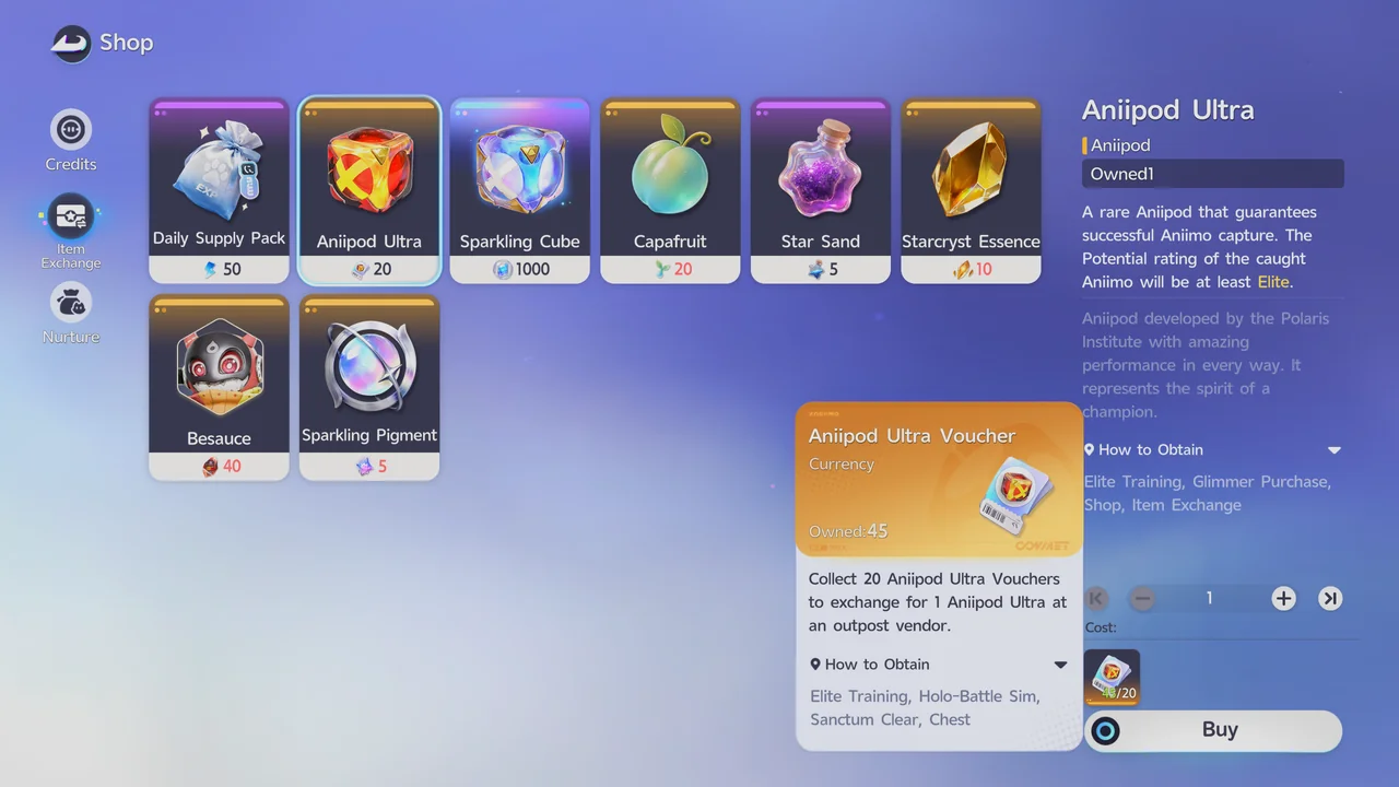 The Item Exchange tab with the Aniipod Ultra Voucher tooltip open, showing that 20 vouchers trade for 1 Aniipod Ultra