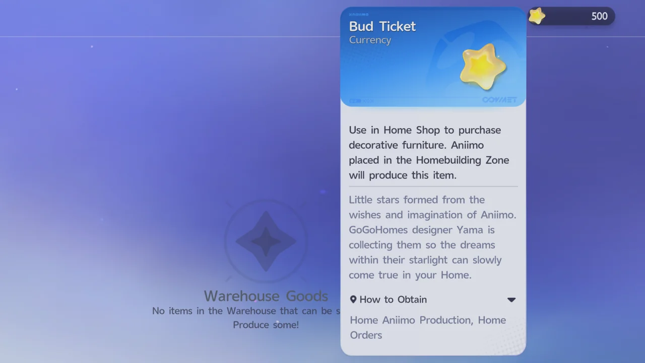 The Bud Ticket tooltip, explaining that it buys decorative furniture at the Home Shop