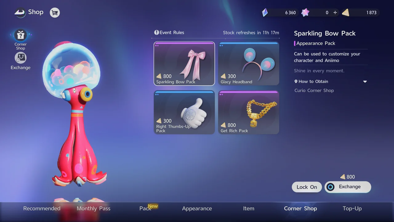 The Corner Shop tab in the Shop, with Appearance Packs such as the Sparkling Bow Pack priced in Voxel Coins