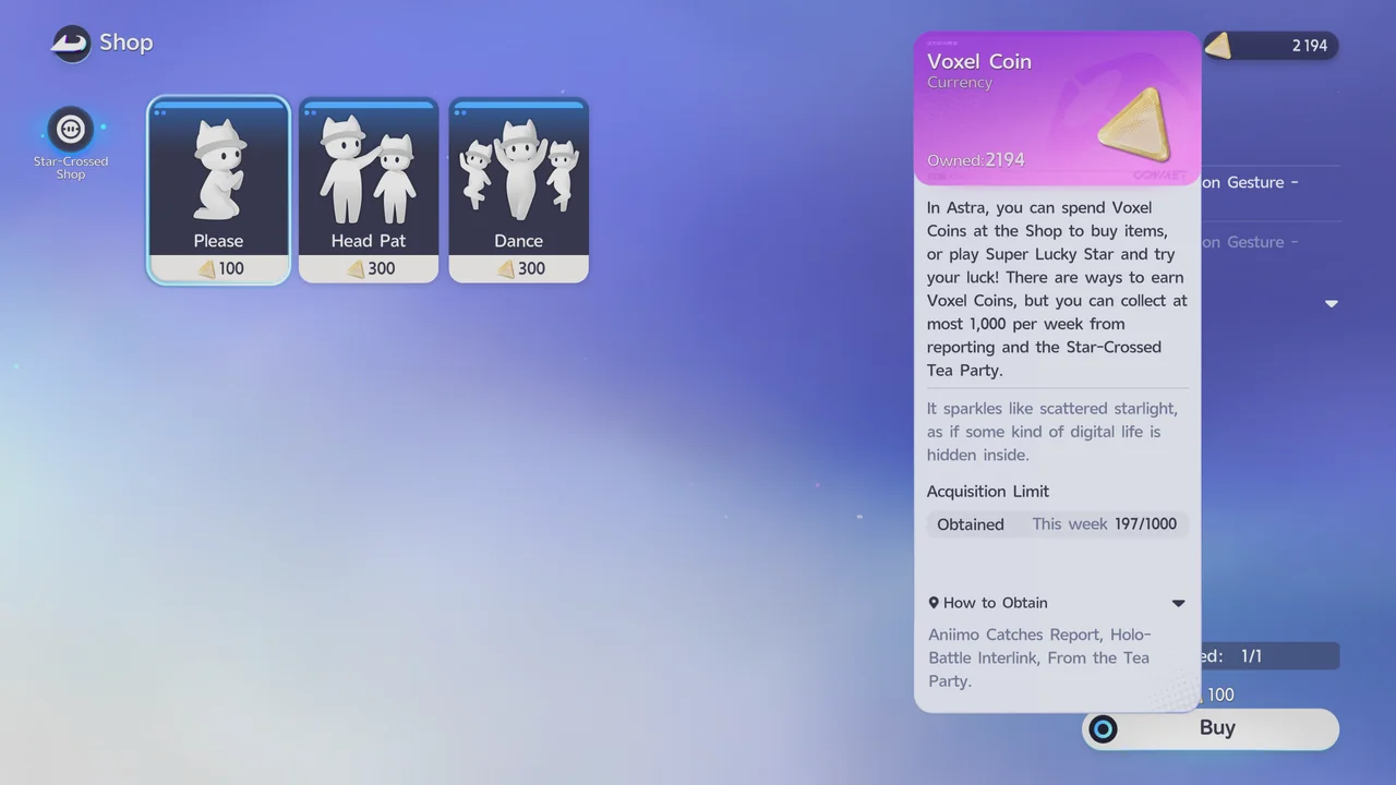 The Star-Crossed Shop with the Voxel Coin tooltip open, showing the Acquisition Limit for this week and its How to Obtain list