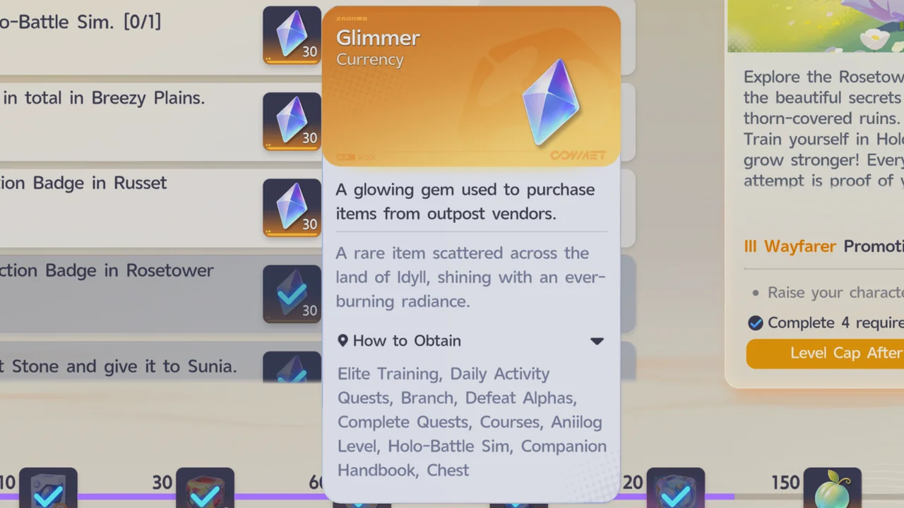 The Glimmer tooltip, labeled Currency, with its description and How to Obtain list