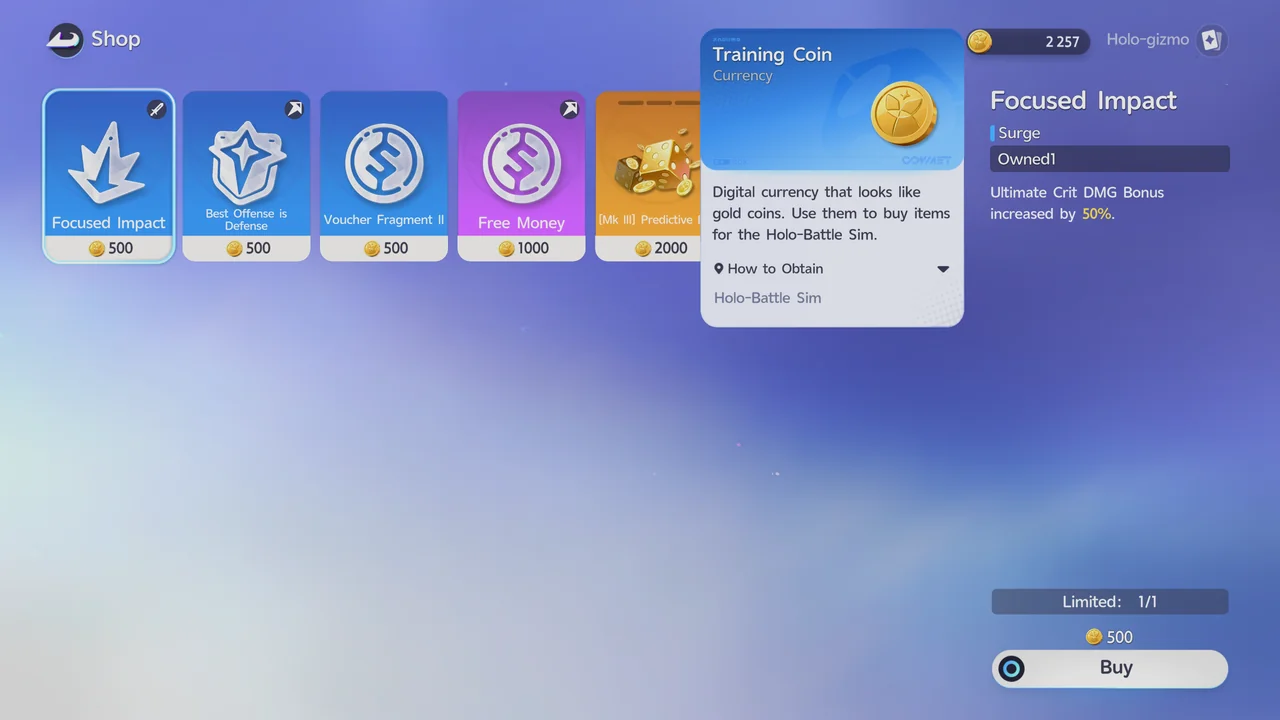 The Holo-gizmo shop with the Training Coin tooltip open, and Gizmos such as Focused Impact priced in Training Coins
