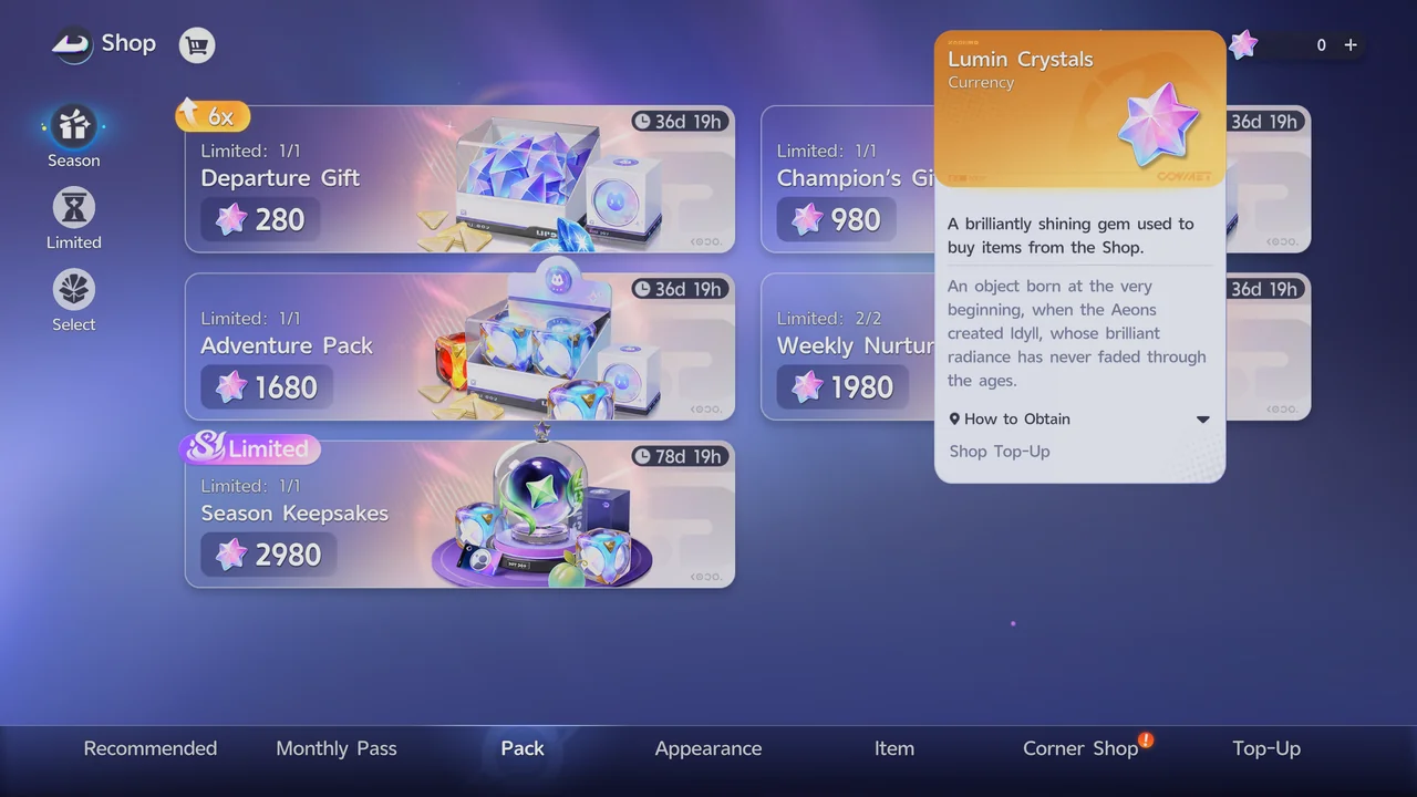 The Shop's Pack tab with the Lumin Crystals tooltip open, showing Shop Top-Up as its only source