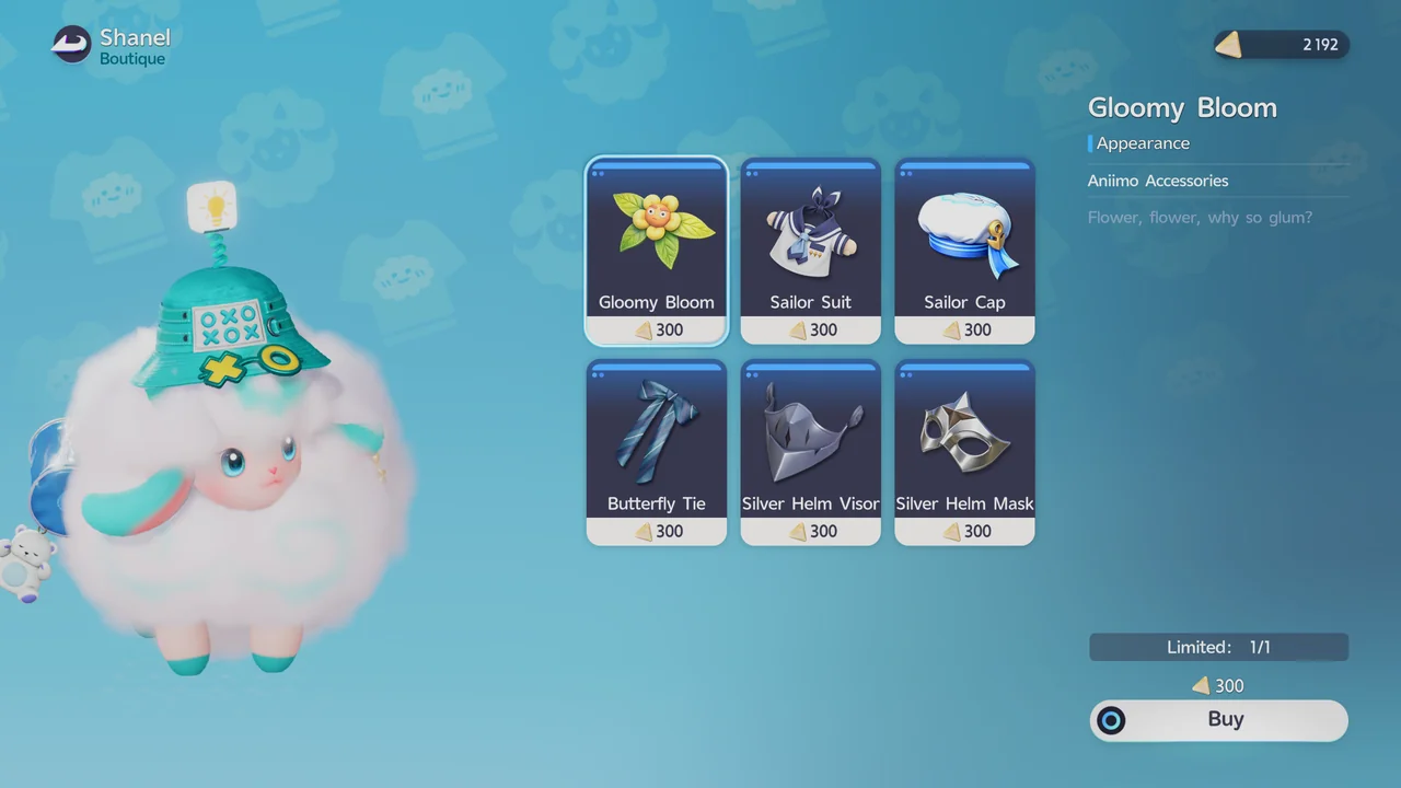 Shanel Boutique selling Aniimo Accessories such as Gloomy Bloom and Sailor Cap for Voxel Coins