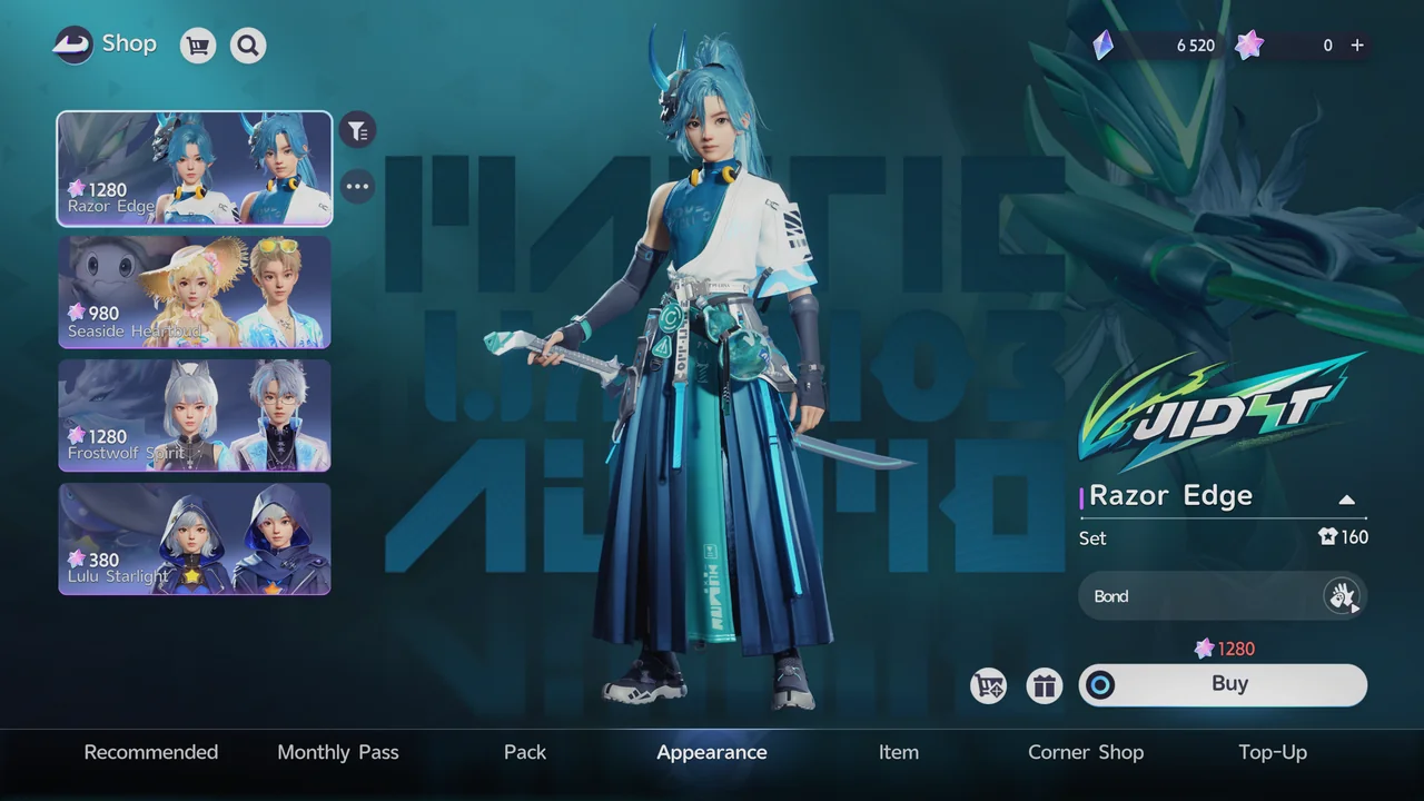 The Appearance tab in the Shop, with outfit sets such as Razor Edge and Seaside Heartbud priced in Lumin Crystals