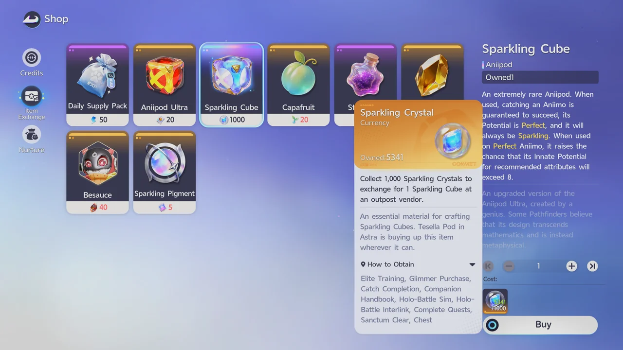 The Item Exchange tab with the Sparkling Crystal tooltip open, showing that 1,000 Sparkling Crystals trade for 1 Sparkling Cube
