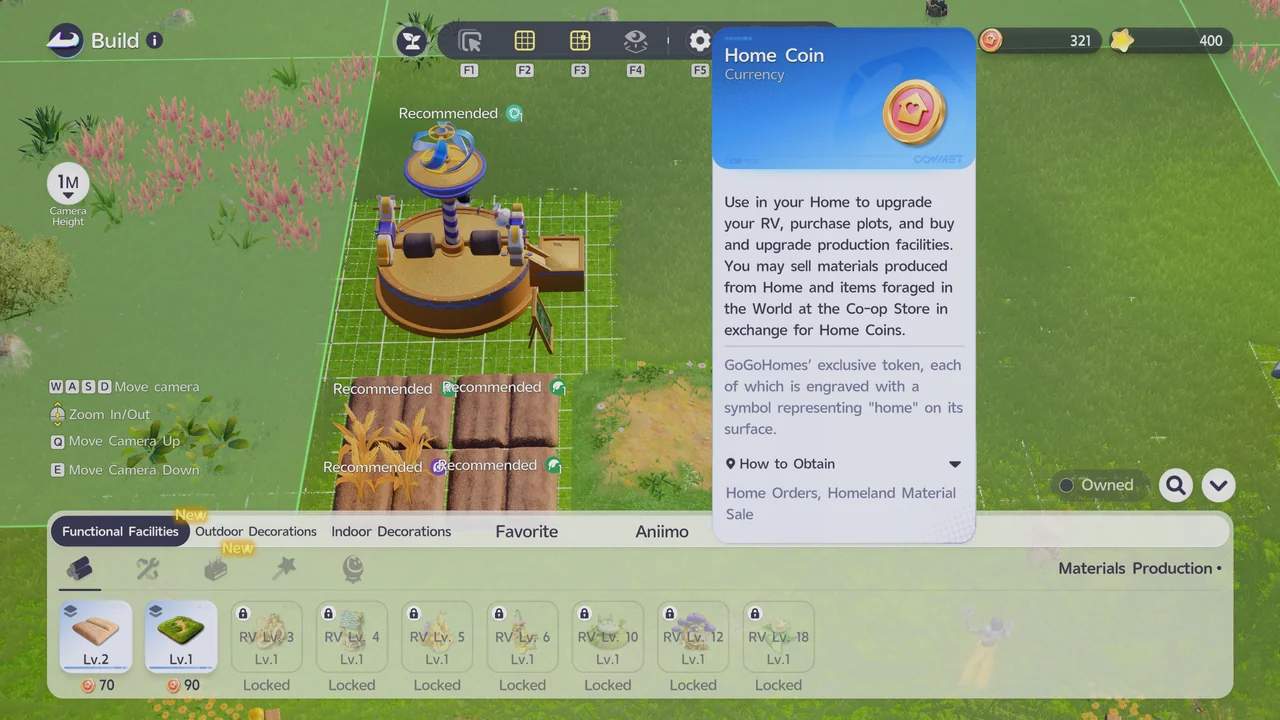 The Build screen with the Home Coin tooltip open, explaining its uses and how to earn it