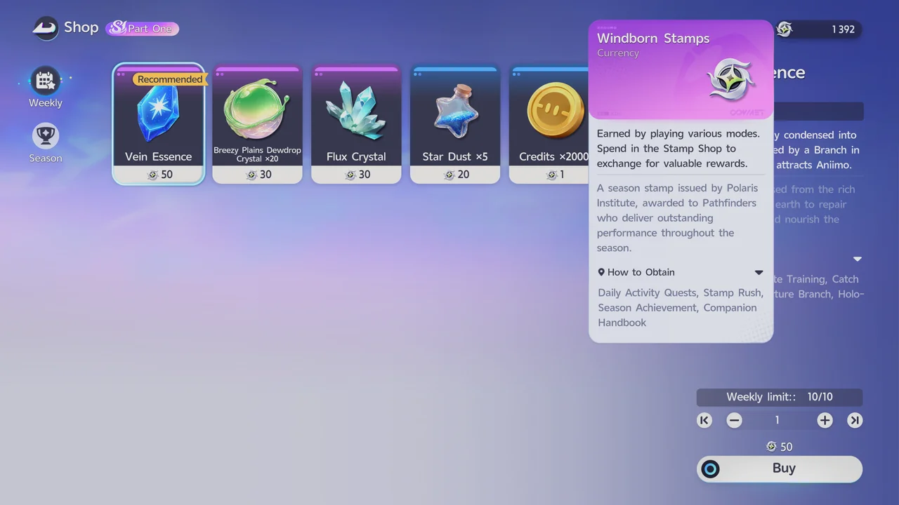 The Stamp Shop with the Windborn Stamps tooltip open, showing its description and How to Obtain list