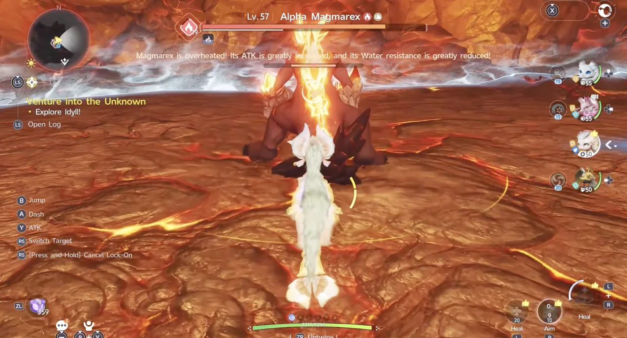 불길에 휩싸여 빛나는 마그라곤 엘리트와, Magmarex is overheated! Its ATK is greatly increased, and its Water resistance is greatly reduced! 라는 메시지