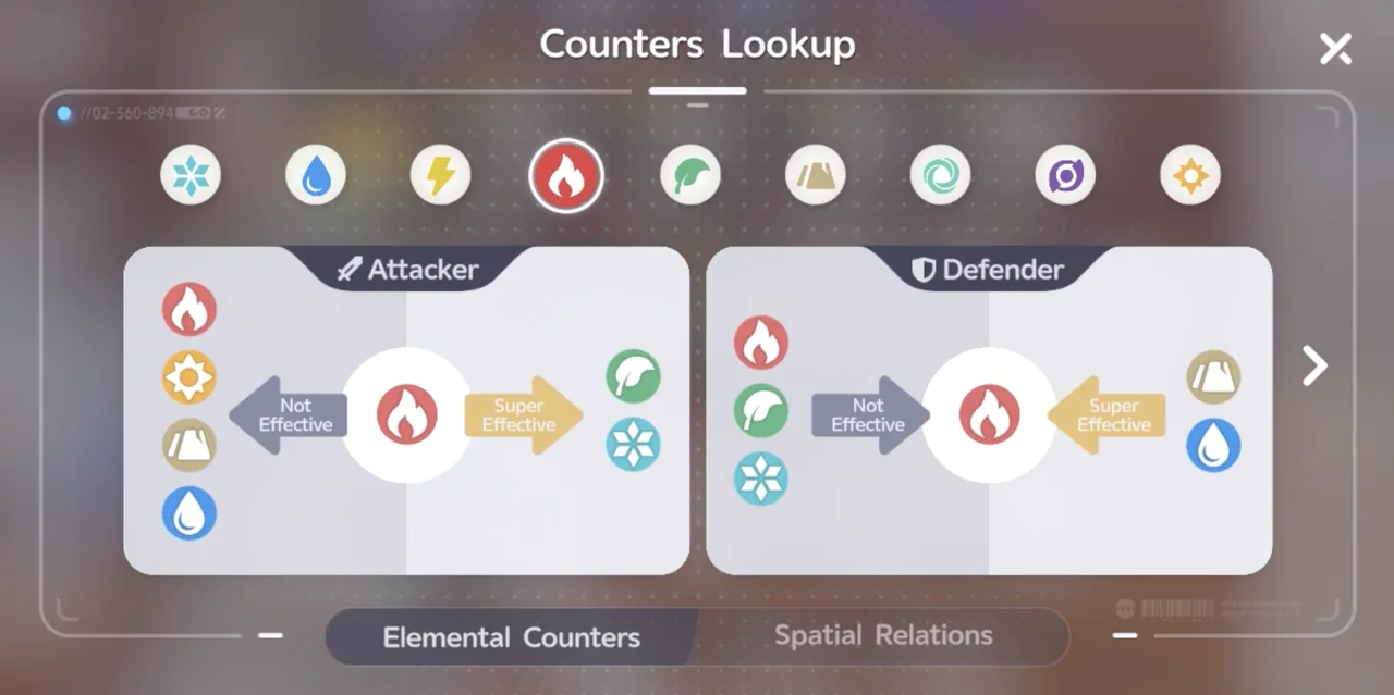 불 원소의 Counters Lookup 화면. Defender 쪽에서 땅과 물이 Super Effective로 표시되어 있다