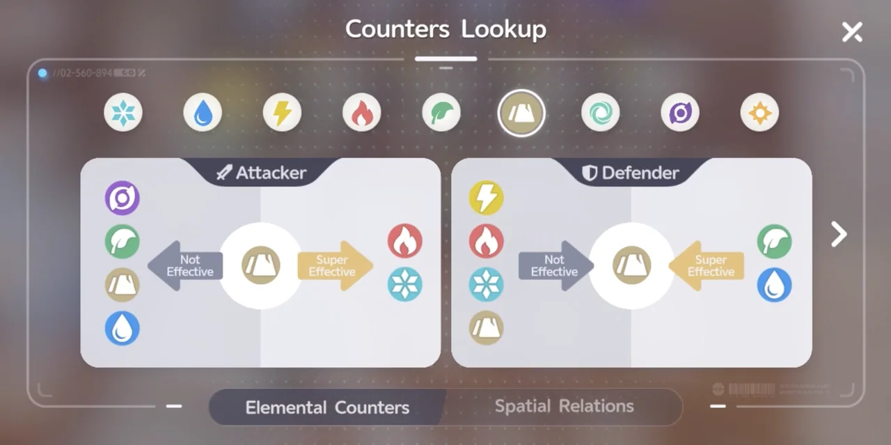 땅 원소의 Counters Lookup 화면. Defender 쪽에서 풀과 물이 Super Effective로 표시되어 있다