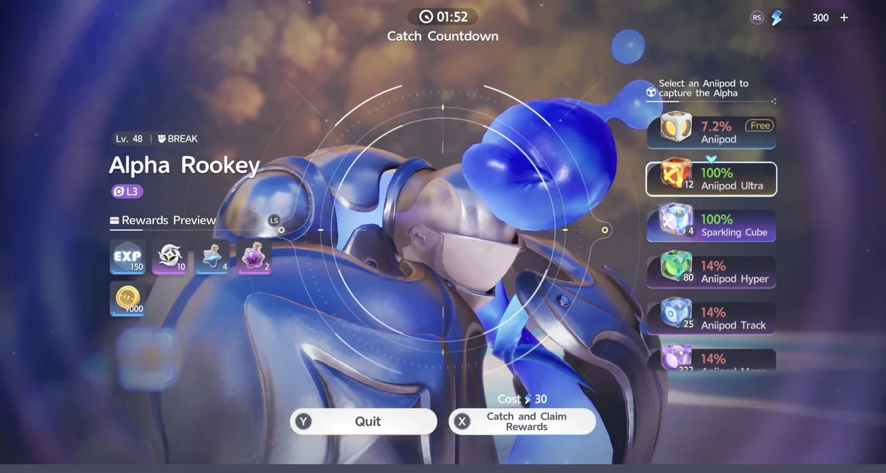La pantalla de captura de Rookey alfa que muestra la tasa de captura de cada Aniicubo, con un coste de 30 Primegy