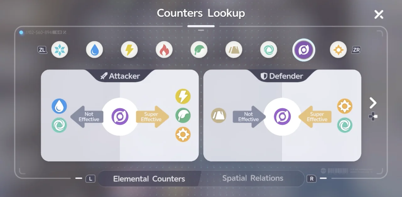 La pantalla Counters Lookup del elemento Oscuridad, con Sagrado y Viento marcados como Super Effective en el lado defensor