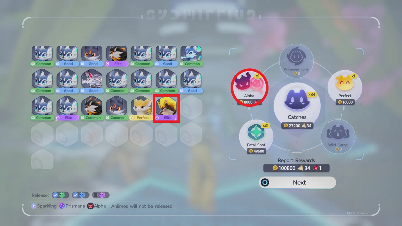 The catch report after catching an Alpha with an Aniipod Ultra, showing the Alpha with an Elite rating