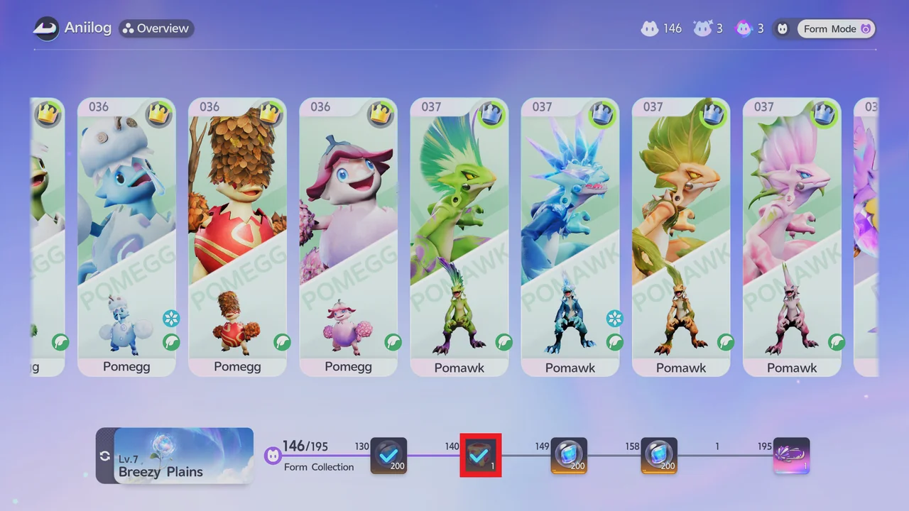 The Aniilog overview for Breezy Plains with an Aniipod Ultra reward at 140 on the Form Collection track
