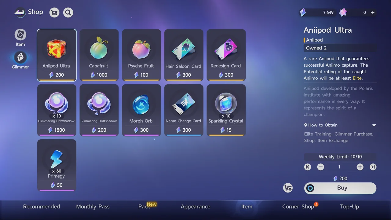 The Glimmer tab of the Shop with the Aniipod Ultra selected at 200 Glimmer and a weekly limit of 10
