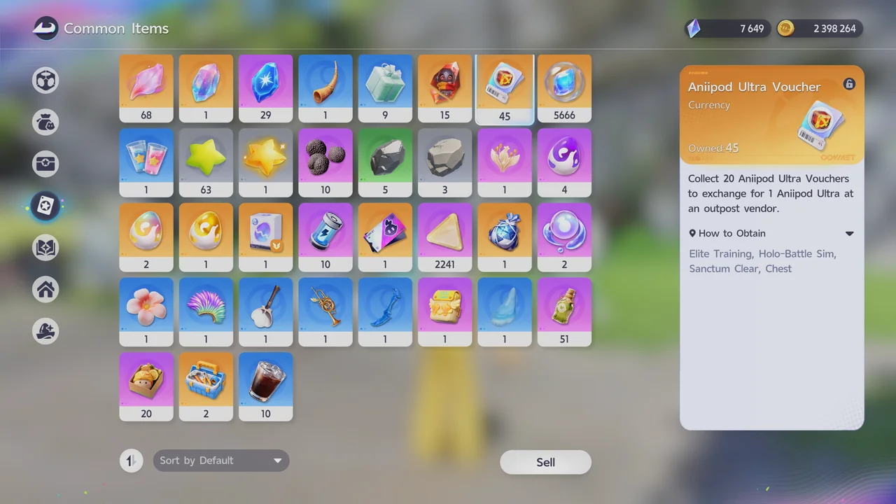 The Aniipod Ultra Voucher in the inventory, with its description and its sources: Elite Training, Holo-Battle Sim, Sanctum Clear, and Chest