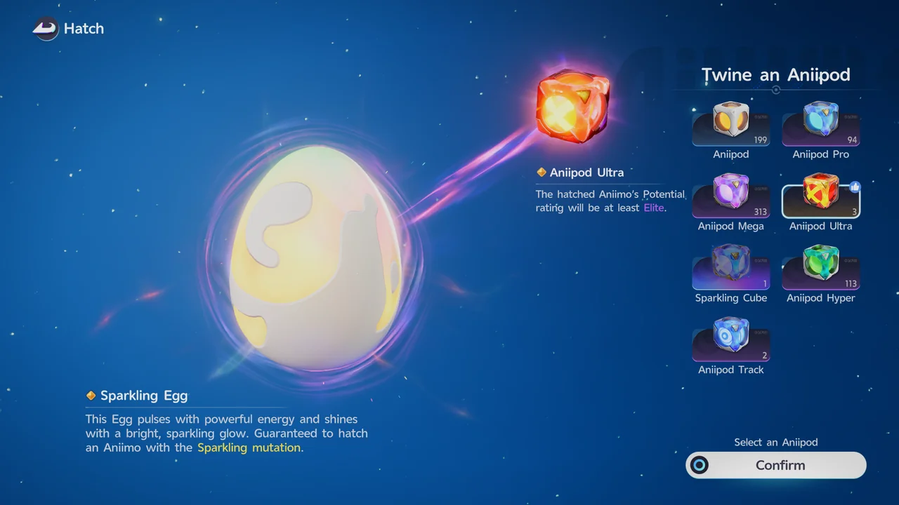 The Hatch screen with the Aniipod Ultra selected under Twine an Aniipod, showing that the hatched Aniimo's Potential rating will be at least Elite