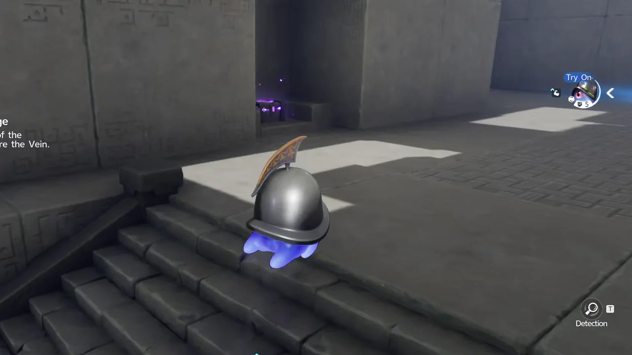Helmut at the top of the staircase, with Chest 1 glowing purple in the alcove ahead on the left