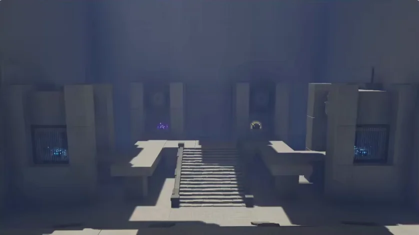 The hall with the staircase, where the chests behind the metal gates glow on both sides
