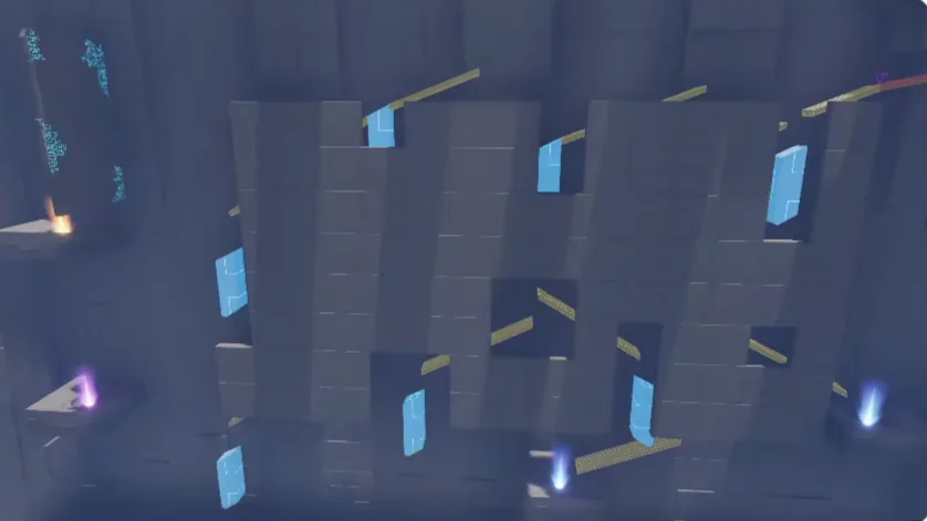 The puzzle wall seen with Detection, showing the ball tracks and the glowing Rams