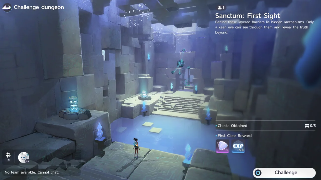 The Challenge dungeon screen for Sanctum: First Sight, showing the First Clear Reward of Lumin Amber x1 and 500 EXP