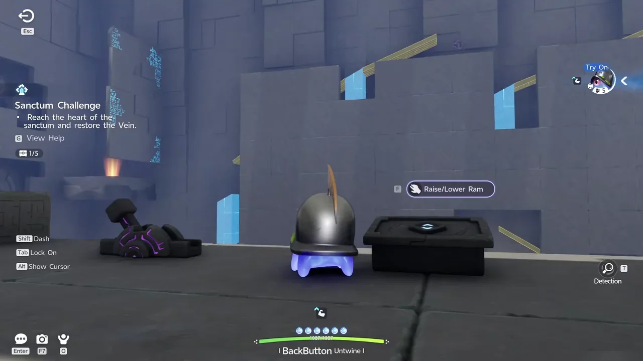 Helmut standing by the Ram switch, with the Detection skill shown in the bottom right