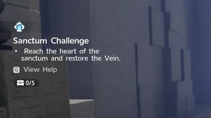 The Sanctum Challenge panel, showing the objective to reach the heart of the sanctum and restore the Vein, next to the chest counter