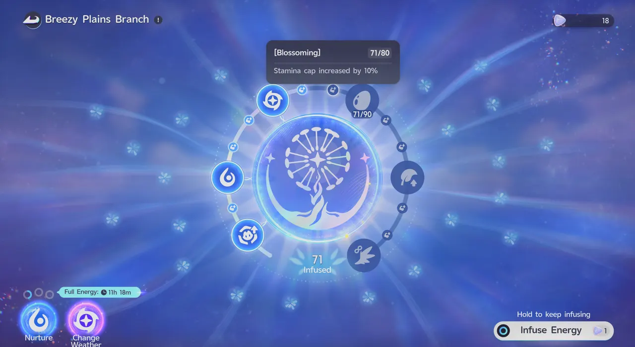 The Breezy Plains Branch screen showing the Blossoming node tooltip, Stamina cap increased by 10%, with the Nurture and Change Weather buttons in the corner