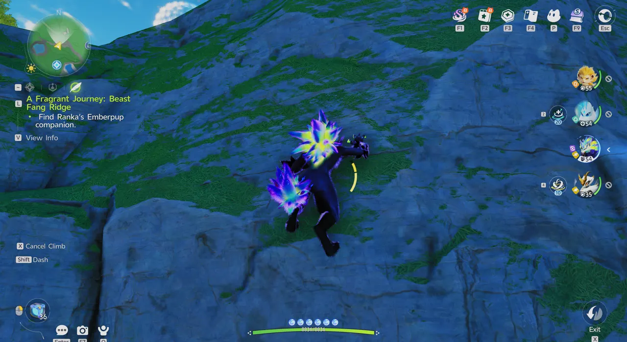 Twined with Blazen and climbing a rock wall, with the Cancel Climb prompt on screen