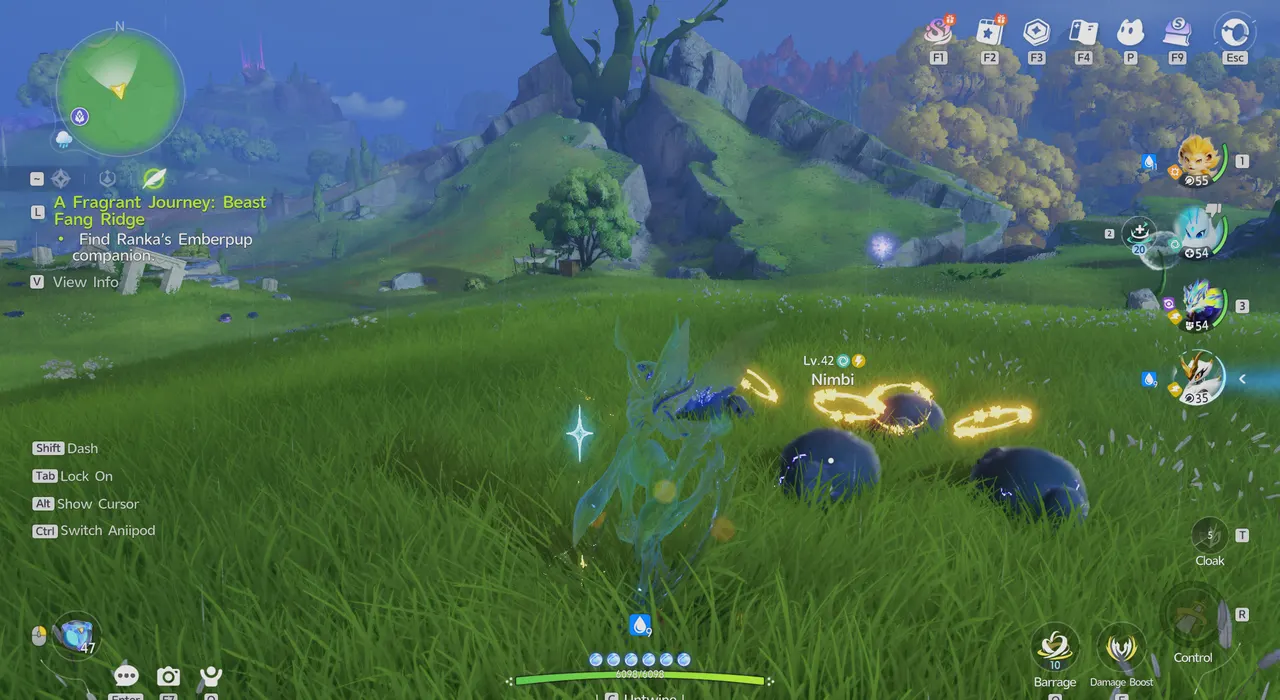 Twined with Fulmintis and turned invisible with Cloak near a group of Nimbi, with the Cloak button in the bottom-right corner