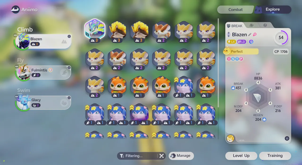The Explore tab of the Aniimo screen with Blazen in the Climb slot, Fulmintis in the Fly slot, and Glacy in the Swim slot