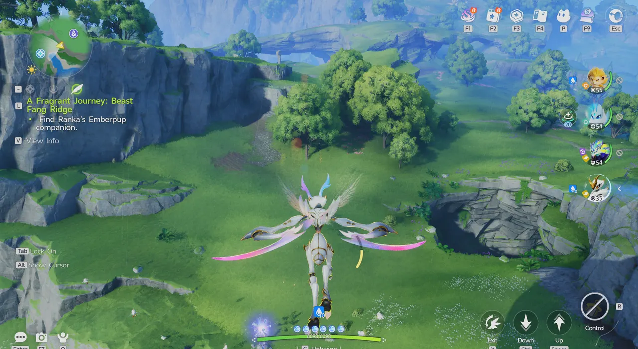 Twined with Fulmintis and flying over a grassy valley, with the Up, Down, and Exit controls on screen