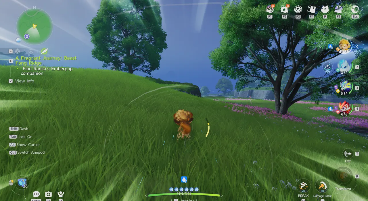 Twined with Helion and running through a grassy field with Hustle, with the Exit button in the bottom-right corner