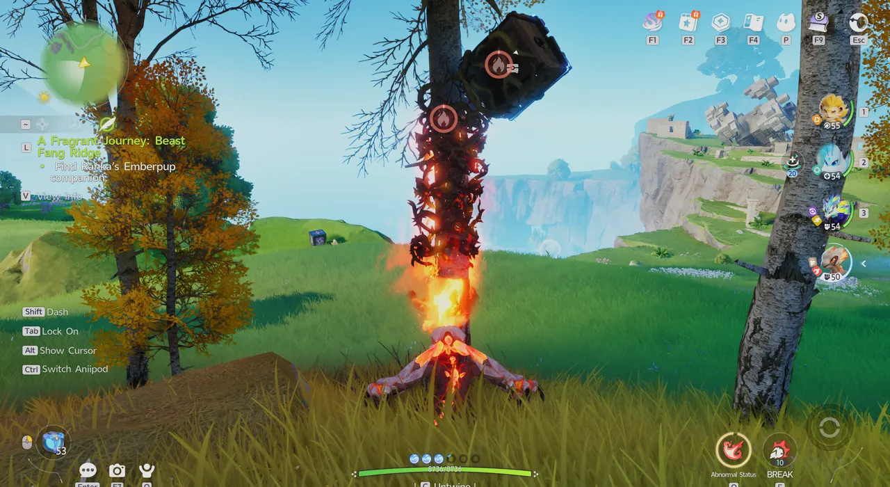 Lavazar setting a Thornbush on fire where it wraps around a tree holding a chest