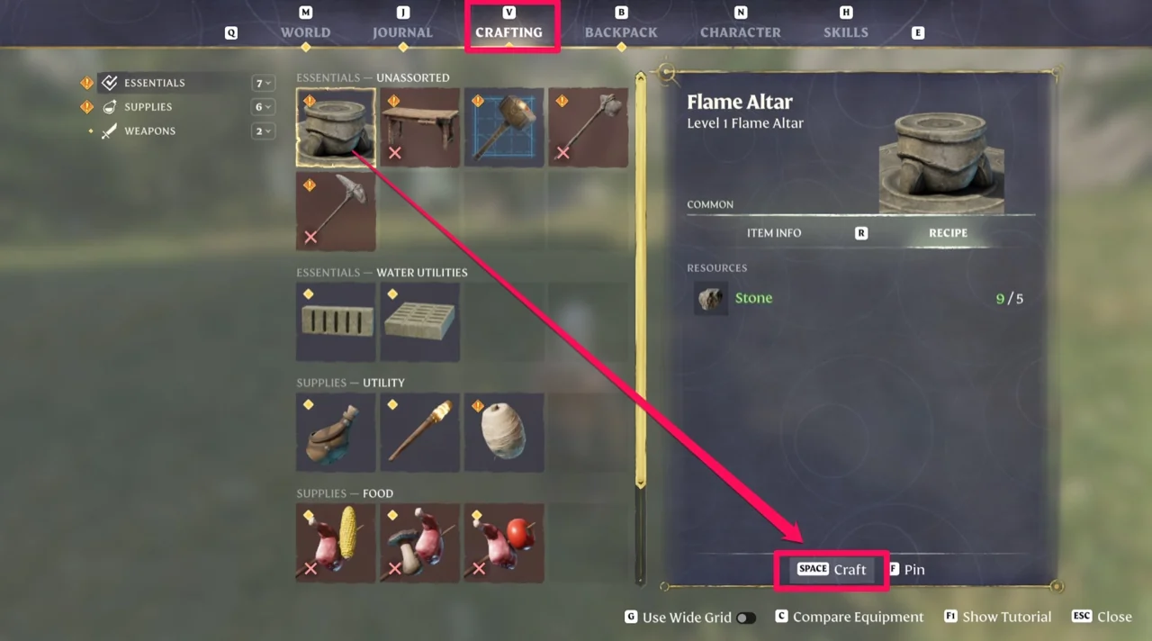 The crafting menu with Flame Altar selected, its recipe listing Stone as the only resource