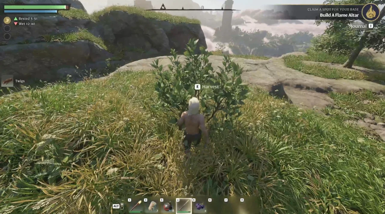 A bush on a rocky ledge with the E Harvest prompt showing