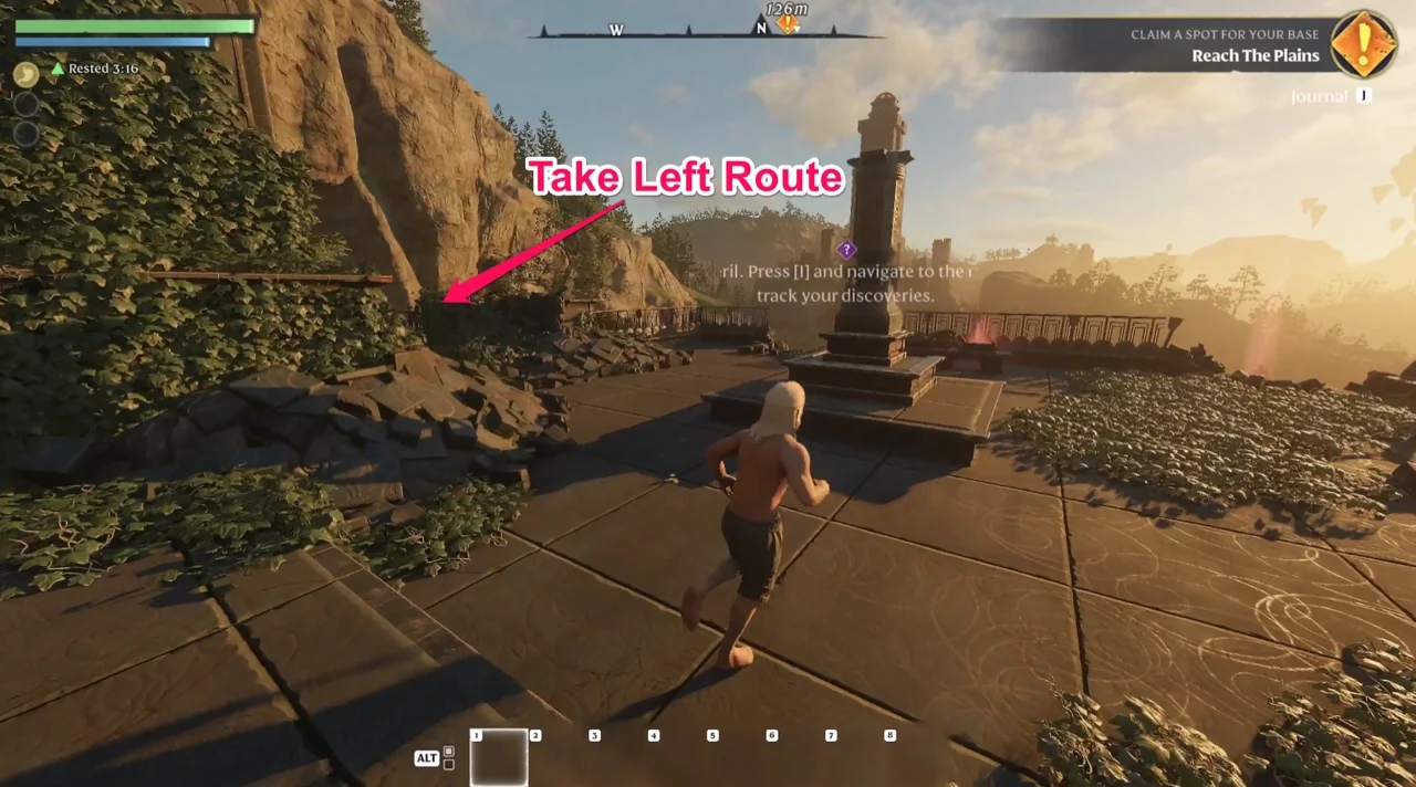 The terrace outside the starting building, with the left-hand path marked and the quest tracker showing Reach The Plains