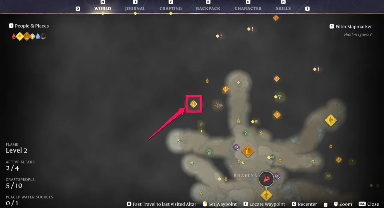 El mapa del mundo con el marcador de la misión «Trae almas puras» al noroeste de la Torre ancestral