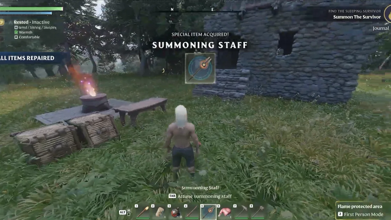 The Summoning Staff acquired at the base, with the on-screen prompt to attune the summoning staff and the quest tracker showing Summon The Survivor