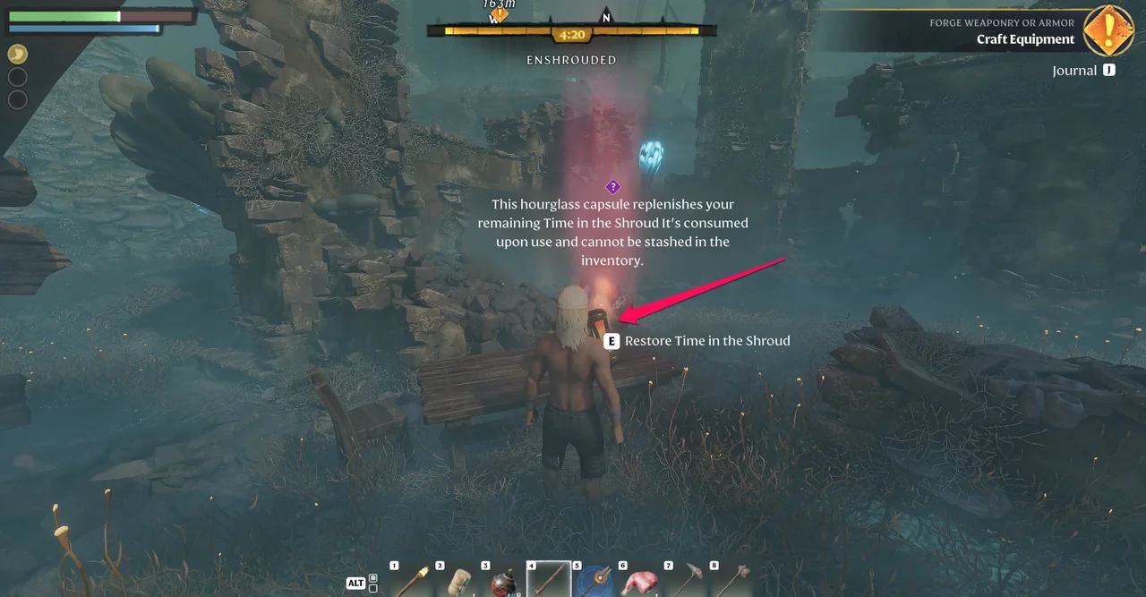An Hourglass Capsule in the Shroud with its tooltip explaining that it replenishes remaining time, and the prompt to restore time in the Shroud