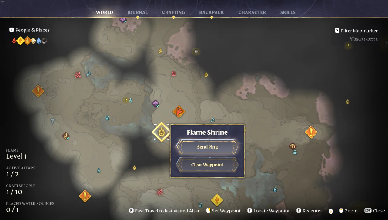 Ein auf der Weltkarte ausgewählter Schrein der Flamme mit einem Flammensymbol