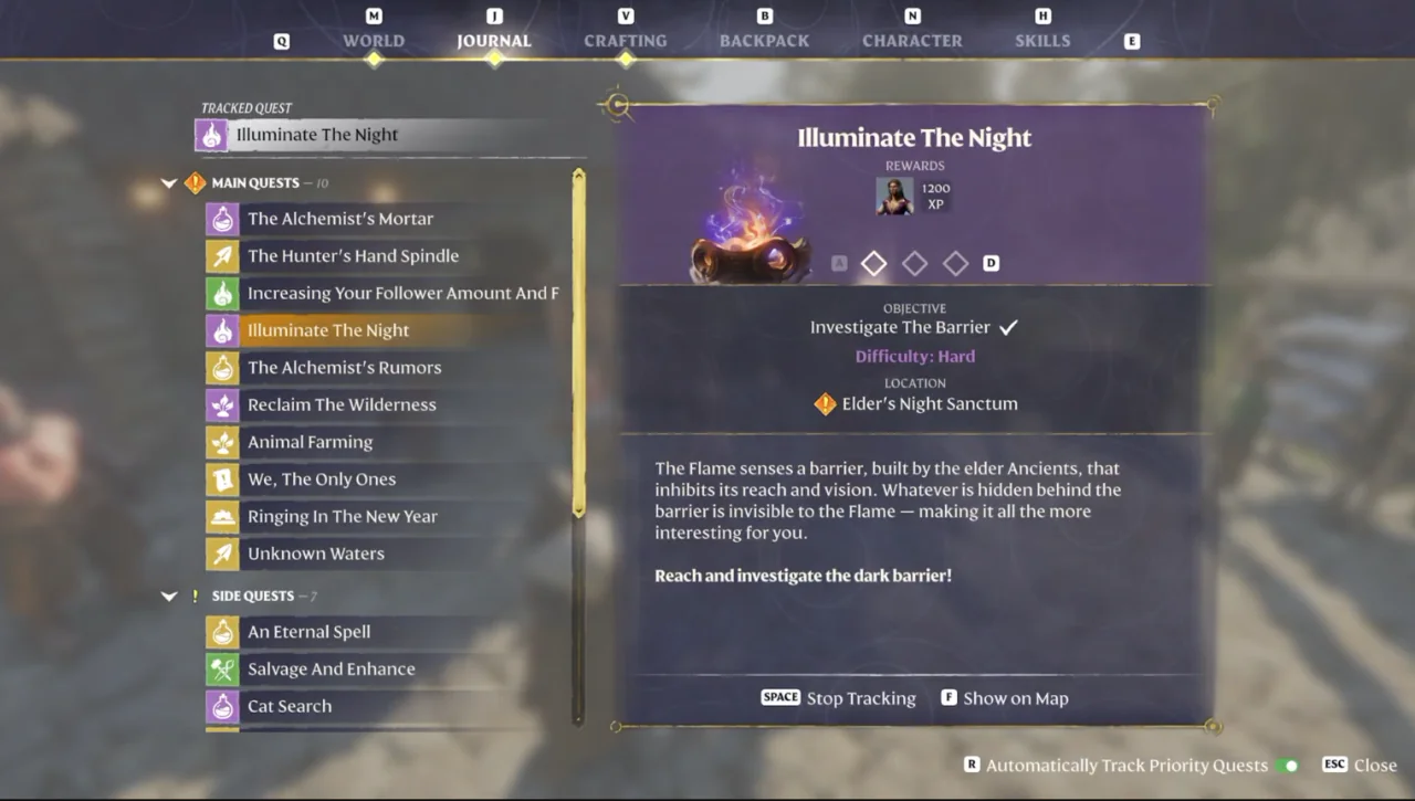 La entrada del Diario de Ilumina la noche, con el objetivo «Investiga la barrera», la dificultad «Difícil», la ubicación Santuario nocturno del anciano y 1200 XP en las recompensas