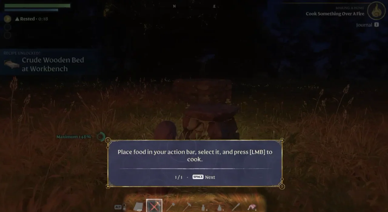 The cooking tutorial at a fire, reading Place food in your action bar, select it, and press [LMB] to cook, with the objective Cook Something Over A Fire