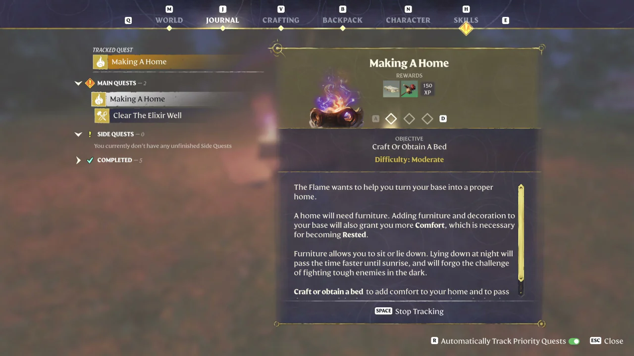 The Journal entry for Making A Home under Main Quests, with the objective Craft Or Obtain A Bed, Difficulty: Moderate, and 150 XP among the rewards