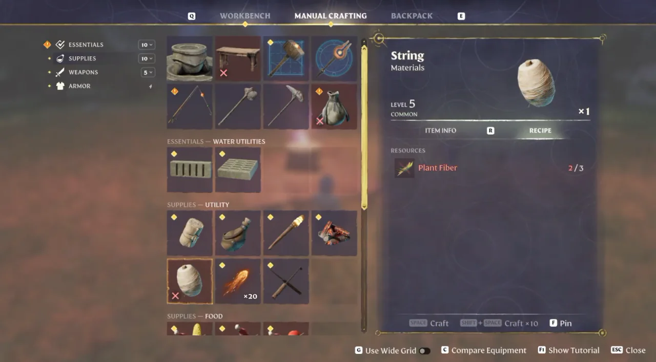The Manual Crafting menu with String selected, which needs 3 Plant Fiber for one String