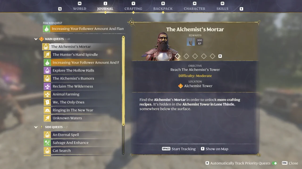 La entrada del Diario de «El Mortero del Alquimista», con el objetivo «Llega a la torre del Alquimista», la dificultad «Moderada», la ubicación Torre del alquimista y 200 XP en las recompensas